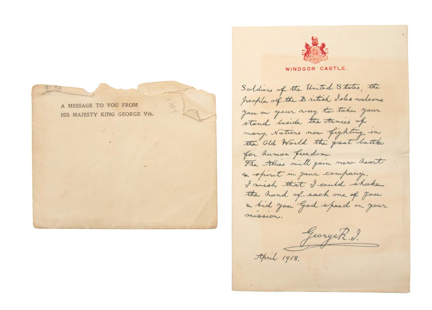 (WWI) GEORGE V. Facsimile autograph, signed, with Windsor Castle Seal, 1918. "Message from His Majesty King George Vth."