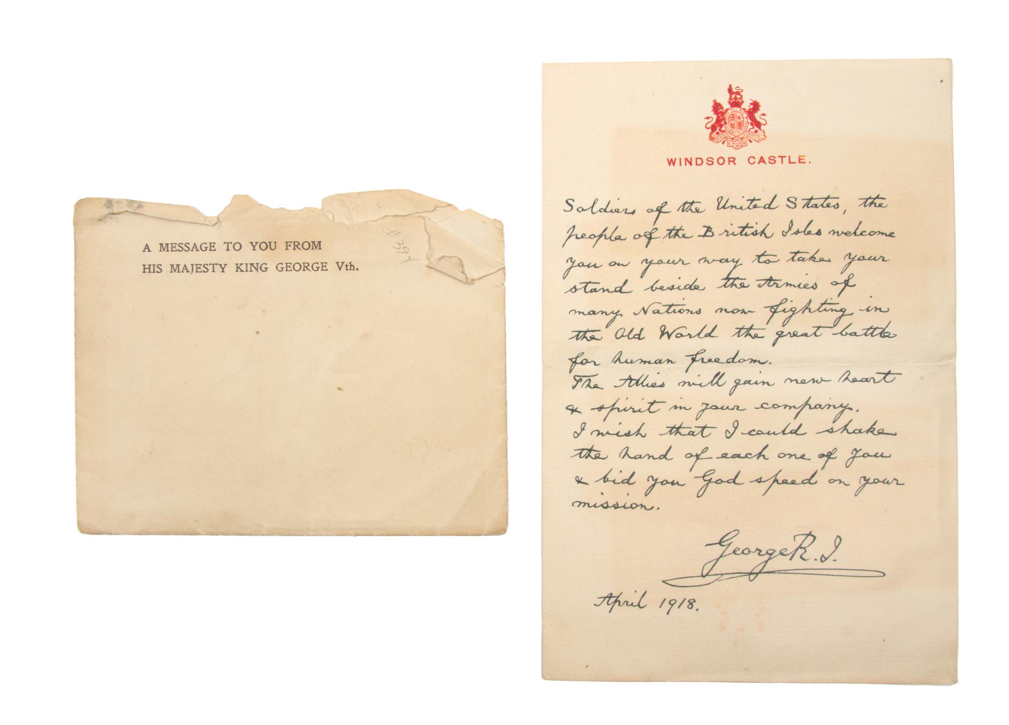 (WWI) GEORGE V. Facsimile autograph, signed, with Windsor Castle Seal, 1918. "Message from His Majesty King George Vth."