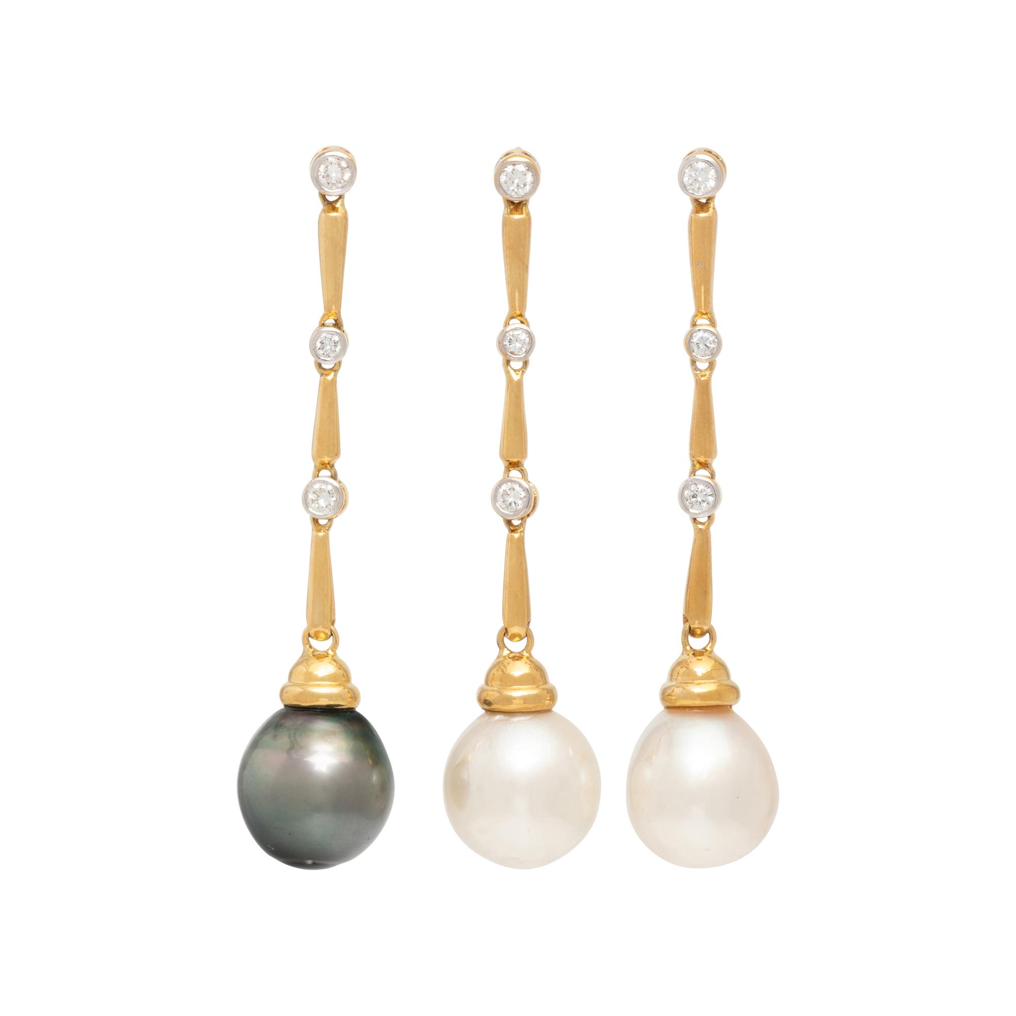 SET OF THREE CULTURED PEARL AND DIAMOND EARRINGS