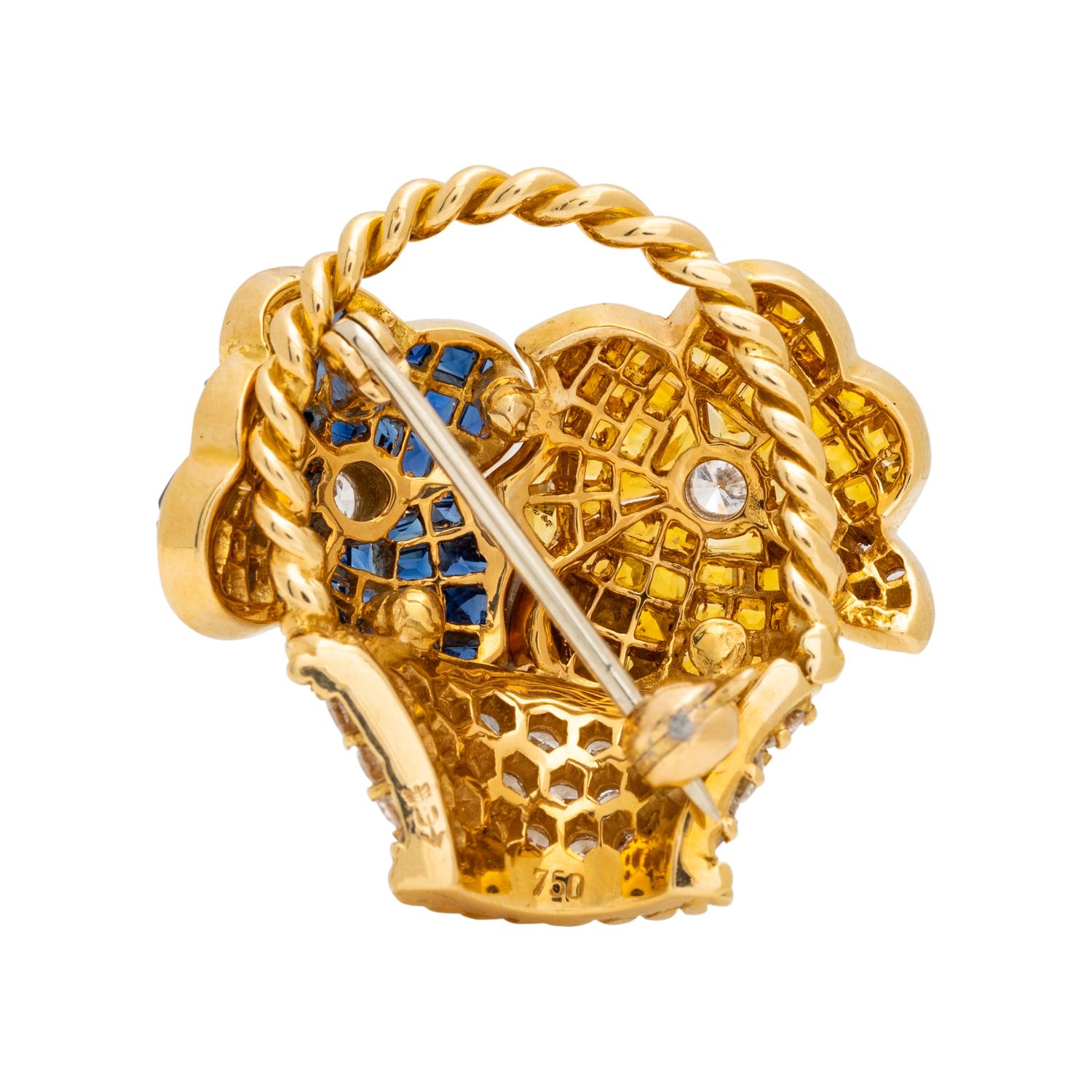 CRAIG DRAKE, SAPPHIRE, YELLOW SAPPHIRE AND DIAMOND FLOWER BASKET BROOCH