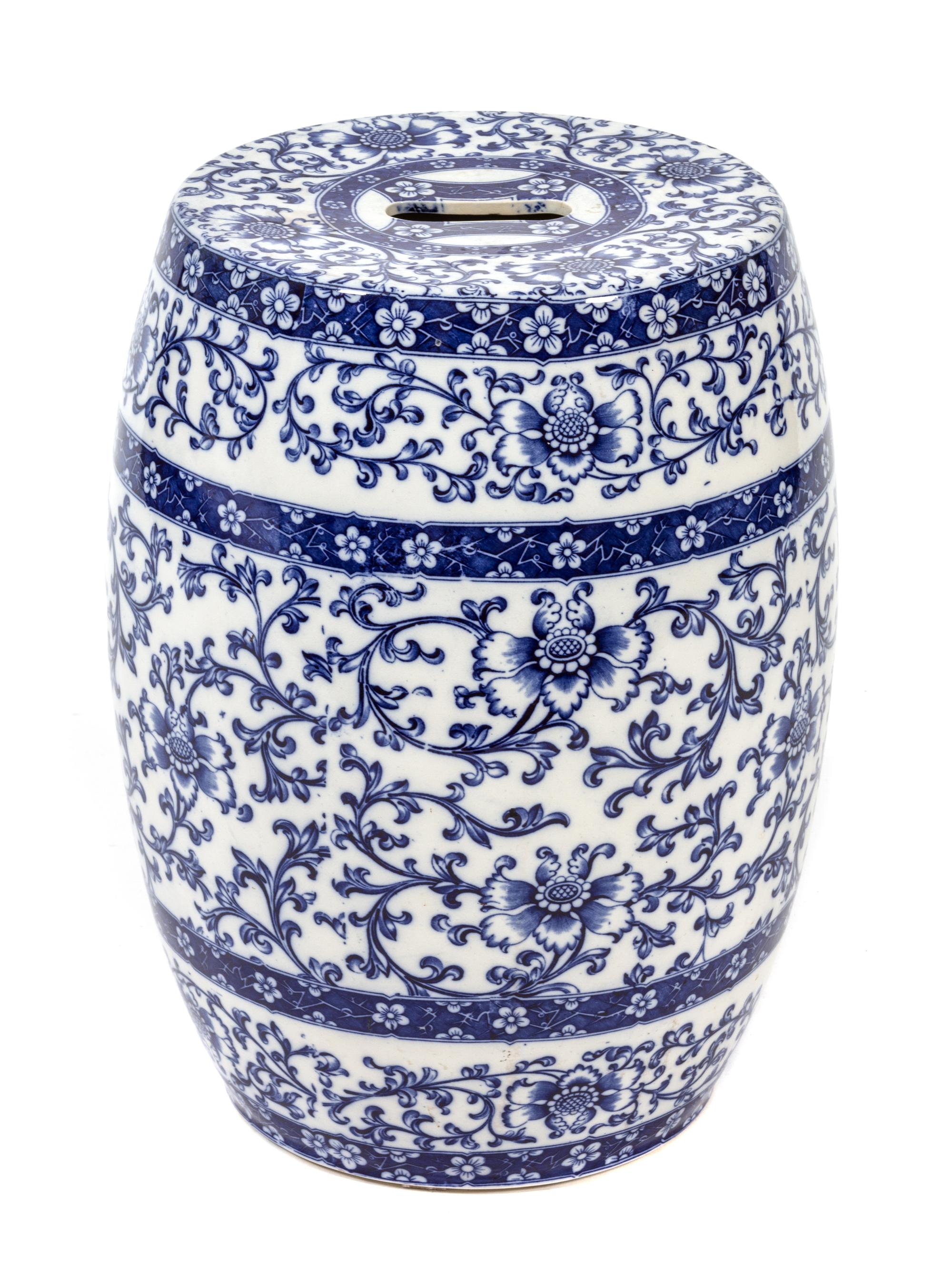 A Chinese Blue and White Porcelain Garden Seat Height 17 3/4 inches. — 20TH CENTURY