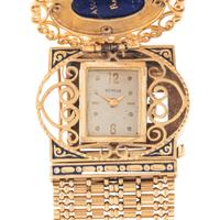 YELLOW GOLD, SEED PEARL, AND ENAMEL CONVERTIBLE SURPRISE WATCH