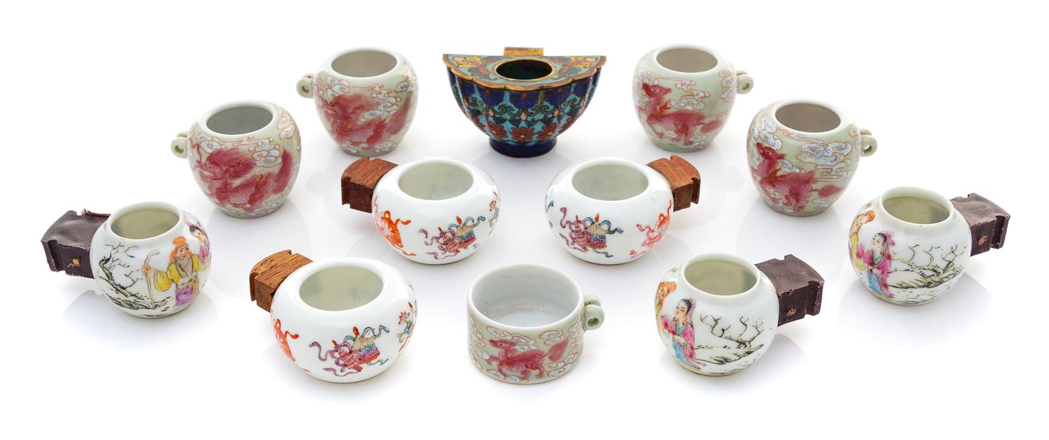 Twelve Chinese Porcelain and Cloisonne Enamel Bird Feeders Length of largest 2 1/4 inches. — 19TH-EARLY 20TH CENTURY