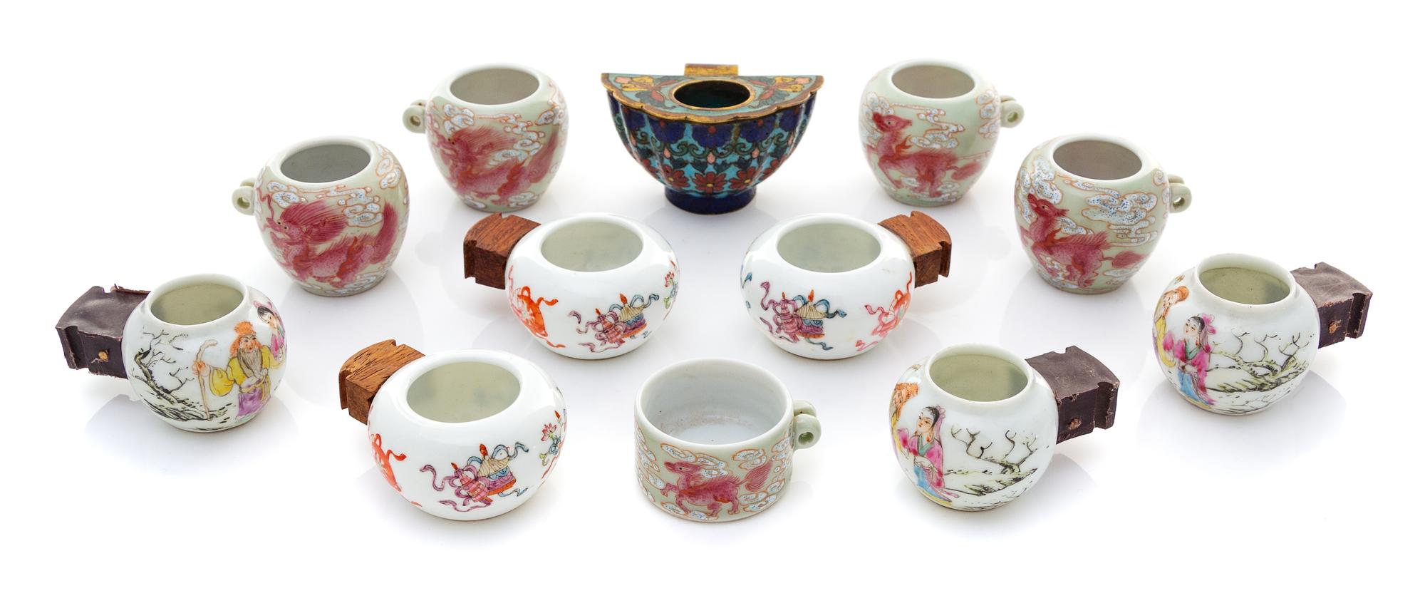 Twelve Chinese Porcelain and Cloisonne Enamel Bird Feeders Length of largest 2 1/4 inches. — 19TH-EARLY 20TH CENTURY