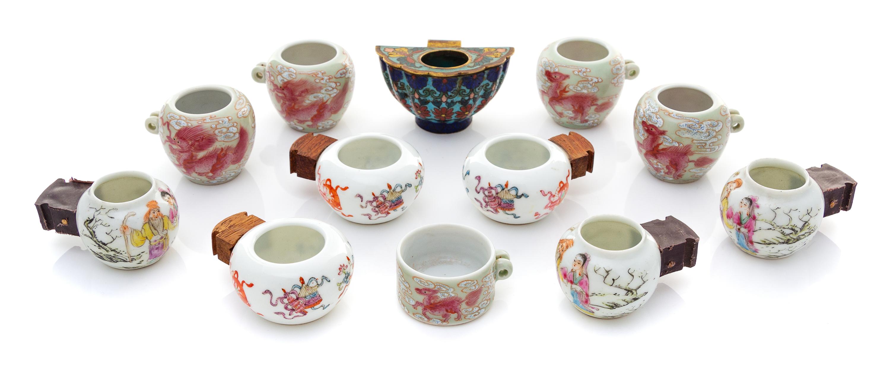 Twelve Chinese Porcelain and Cloisonne Enamel Bird Feeders Length of largest 2 1/4 inches. — 19TH-EARLY 20TH CENTURY