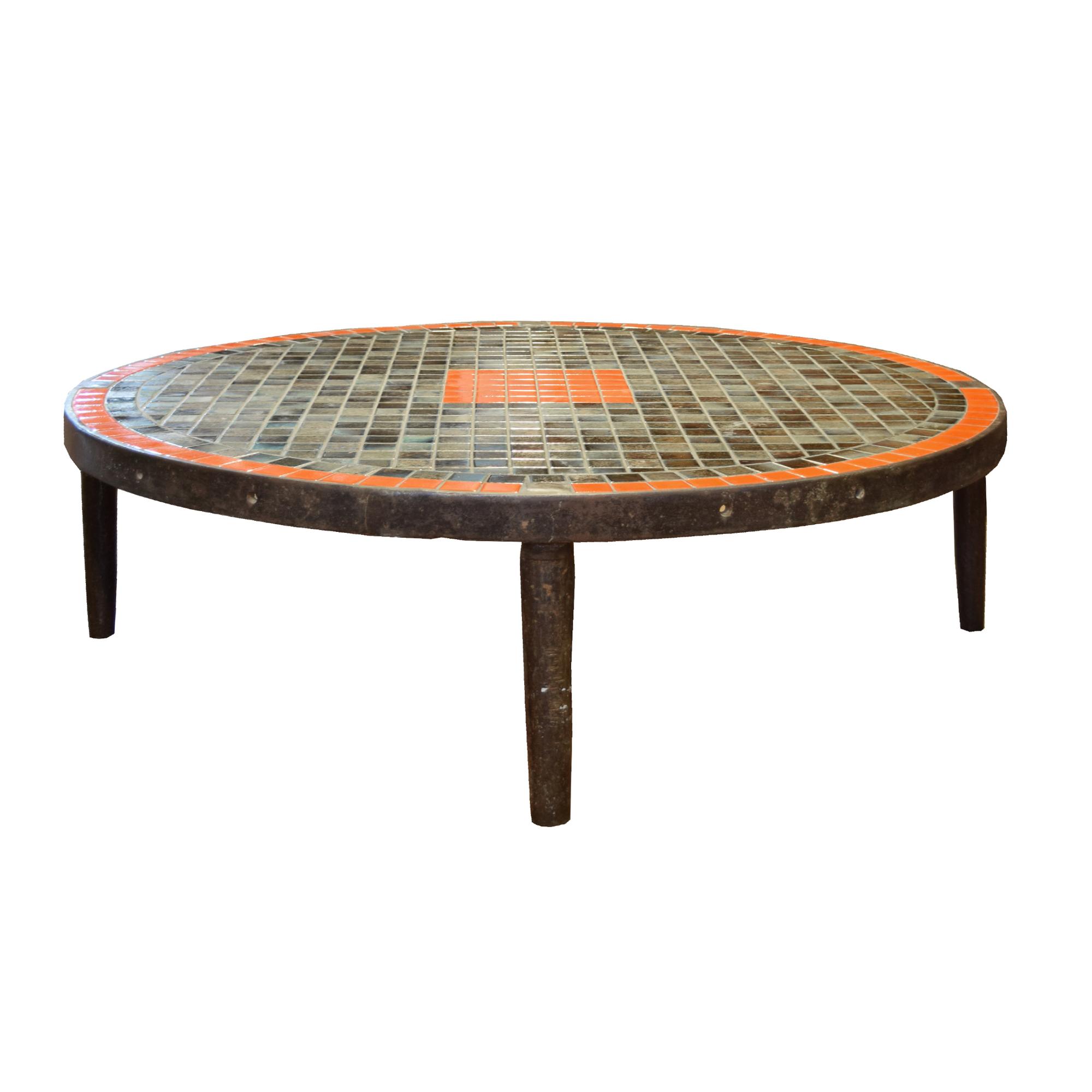 A Mid-Century Iron and Tile Coffee Table 61" W x 61" D x 17.5" H 17.5" H — France, Mid-20th Century