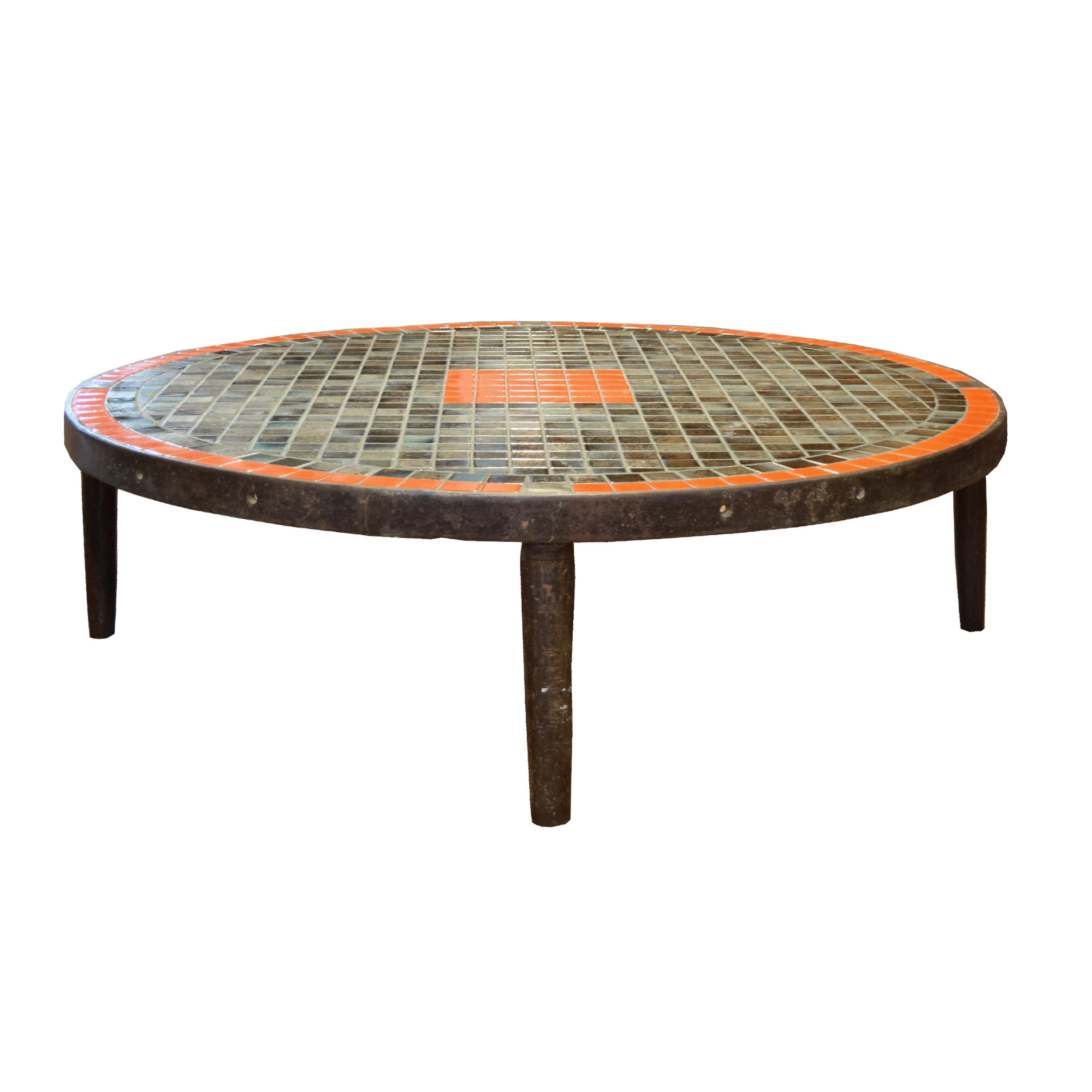 A Mid-Century Iron and Tile Coffee Table 61" W x 61" D x 17.5" H 17.5" H — France, Mid-20th Century
