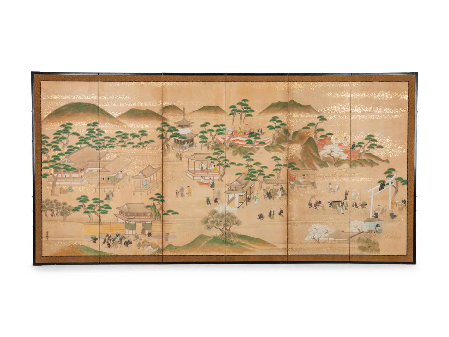A Japanese Painted Paper Six-Panel Floor Screen
