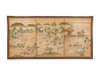 A Japanese Painted Paper Six-Panel Floor Screen