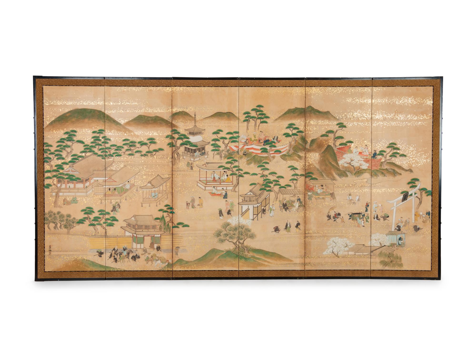 A Japanese Painted Paper Six-Panel Floor Screen