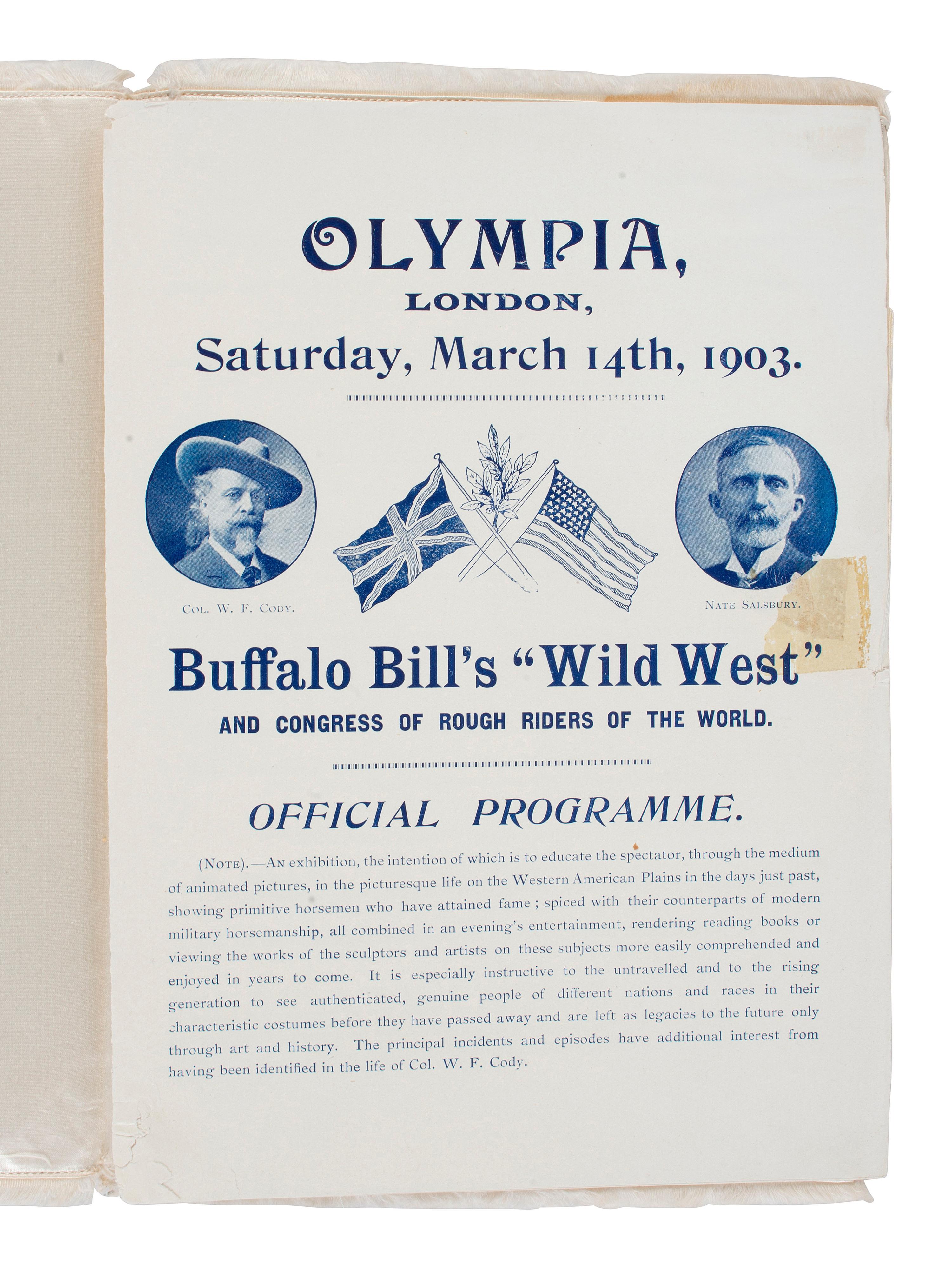 [WILD WEST SHOWS]. Buffalo Bill's "Wild West" and Congress of Rough Riders of the World . London: Weiners Ltd., 1903. Rare program with silk cover.