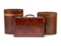 A Vintage Leather Case and Two Leather Wastebaskets