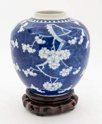 A Chinese Blue and White Crackle-Ice and Prunus Porcelain Ginger Jar Height 7 1/2 inches.