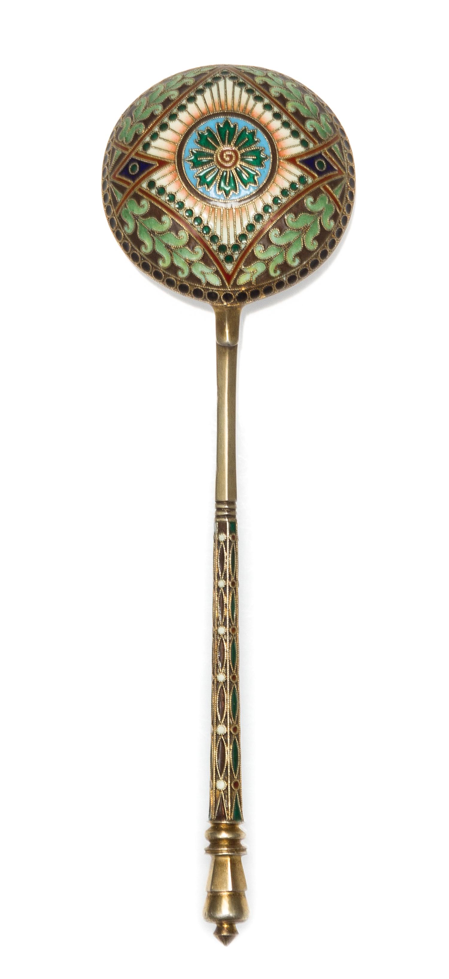 A Russian Silver-Gilt and Enamel Spoon, Mark of I.P. Khlebnikov with Imperial warrant, Moscow, late 19th century, having a green and re