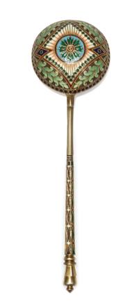 A Russian Silver-Gilt and Enamel Spoon, Mark of I.P. Khlebnikov with Imperial warrant, Moscow, late 19th century, having a green and re