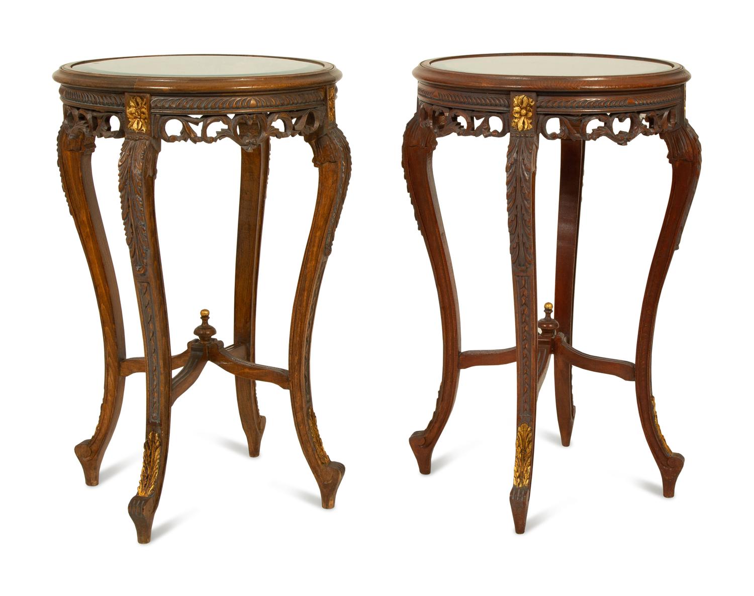 A Pair of Louis XV/XVI Transitional Carved Walnut Gueridons with Inset Glass Tops — 19TH/20TH CENTURY