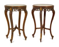 A Pair of Louis XV/XVI Transitional Carved Walnut Gueridons with Inset Glass Tops — 19TH/20TH CENTURY