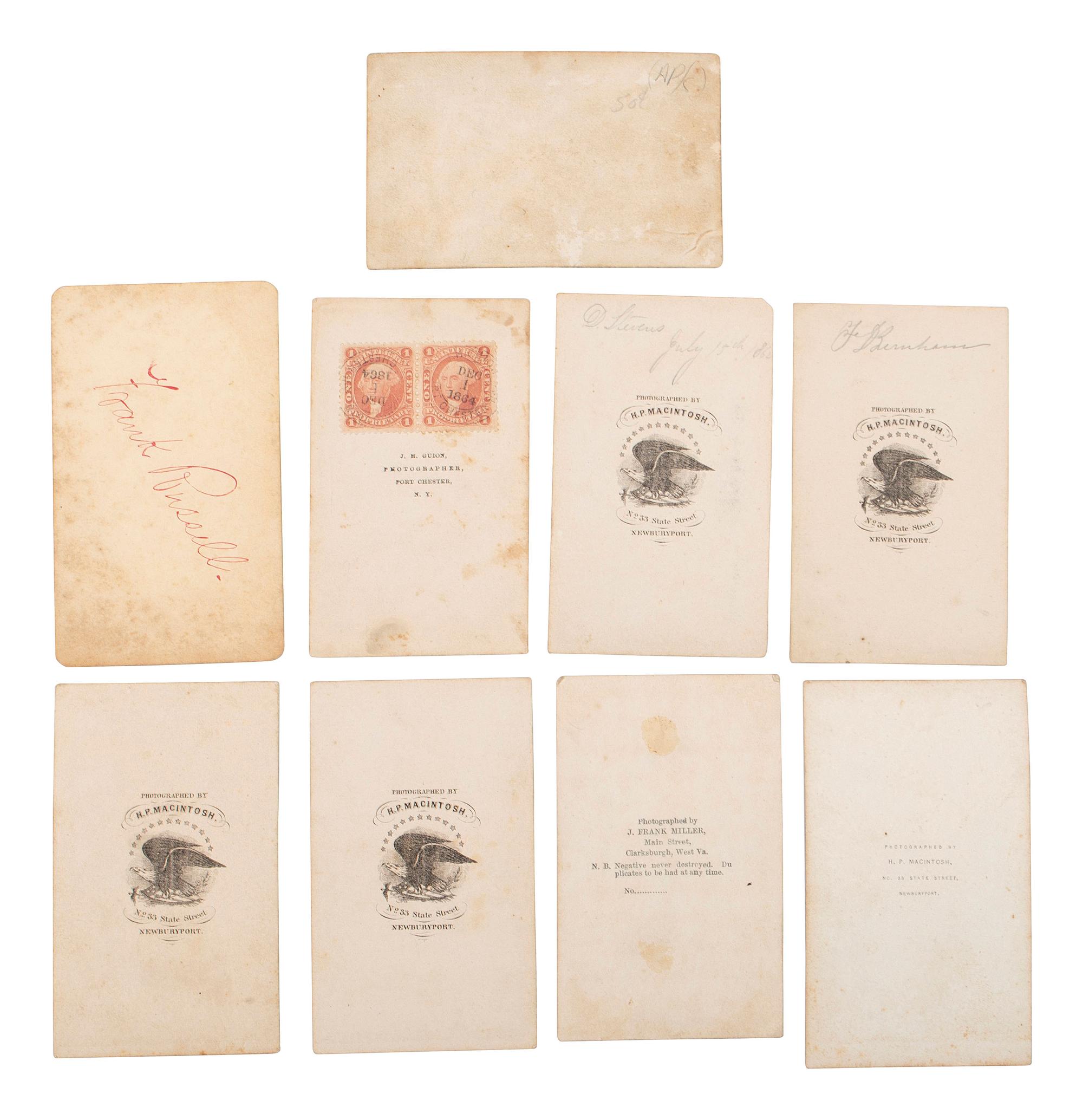 [EARLY PHOTOGRAPHY]. A collection of CDVs, cabinet cards, and real photo postcards, highlighted by a view of Seth Kinman's chair, an occupational view of women at work, views of young men prior to enlisting in the Civil War, and portraiture.