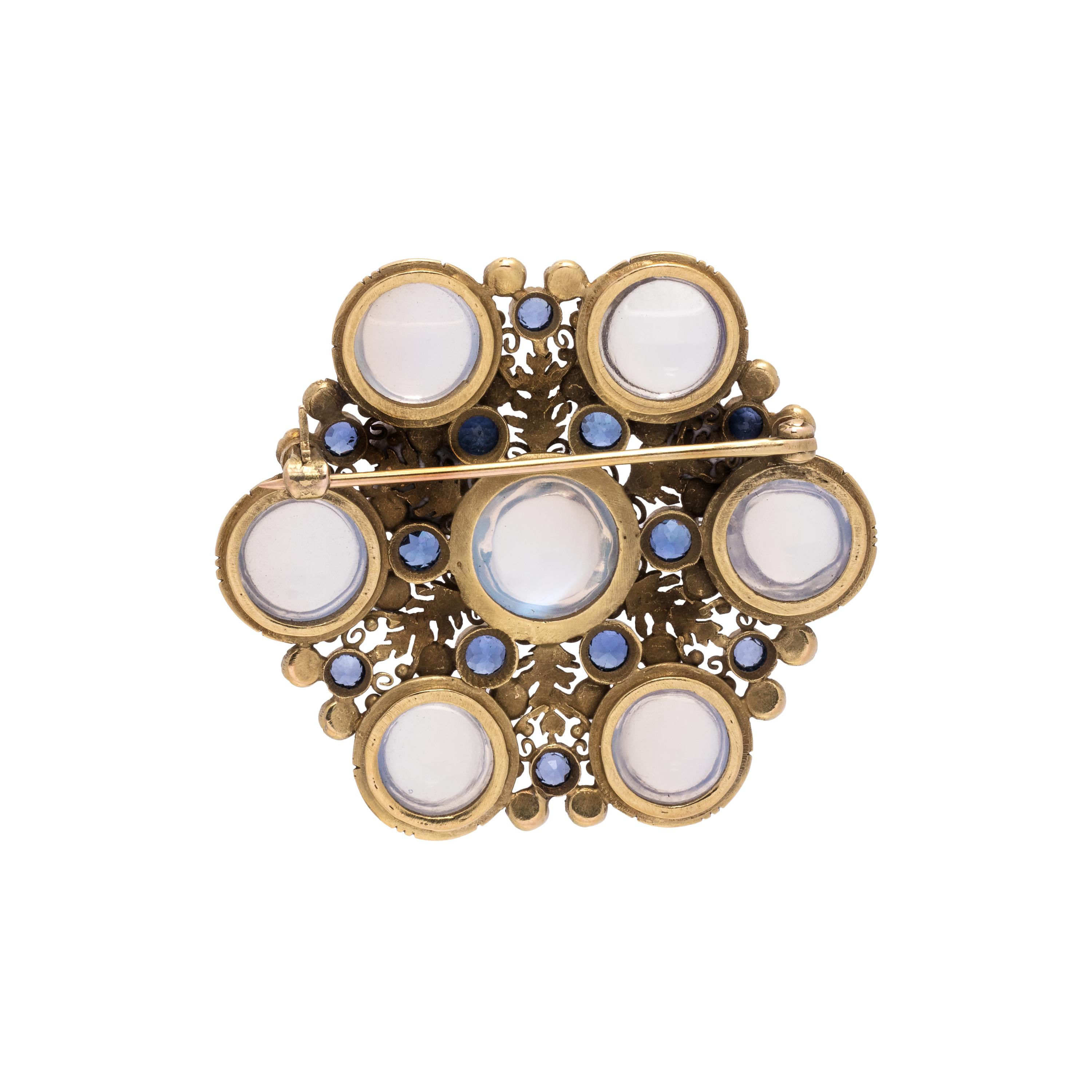 ARTS & CRAFTS, YELLOW GOLD, MOONSTONE, SAPPHIRE AND SEED PEARL BROOCH