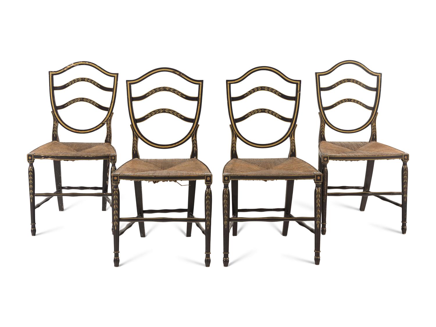 A Set of Four Stencil-Decorated Rush-Seat Side Chairs