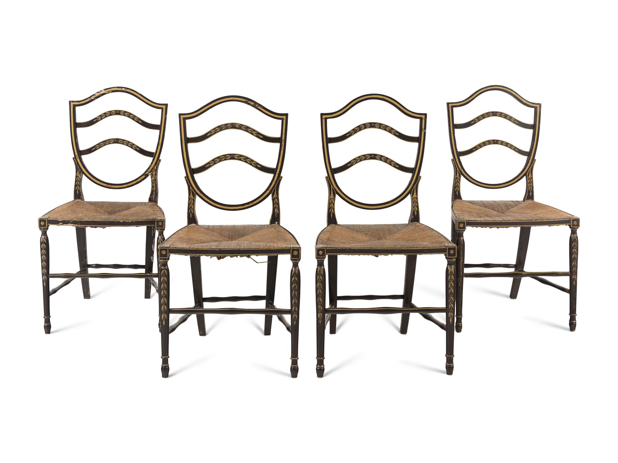 A Set of Four Stencil-Decorated Rush-Seat Side Chairs