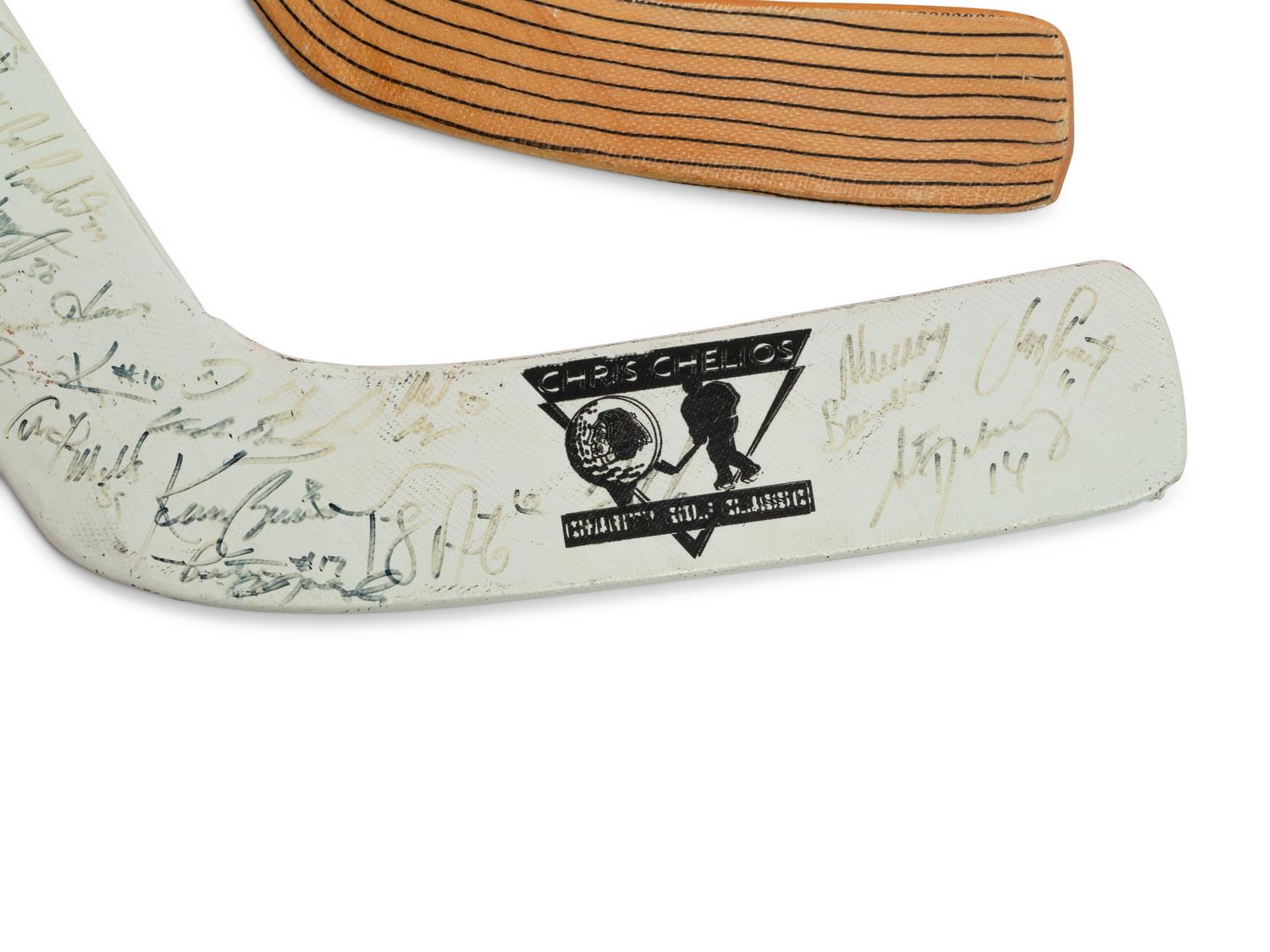 A Group of Chris Chelios Charity Golf Outing Multi Signed Autograph Hockey Sticks