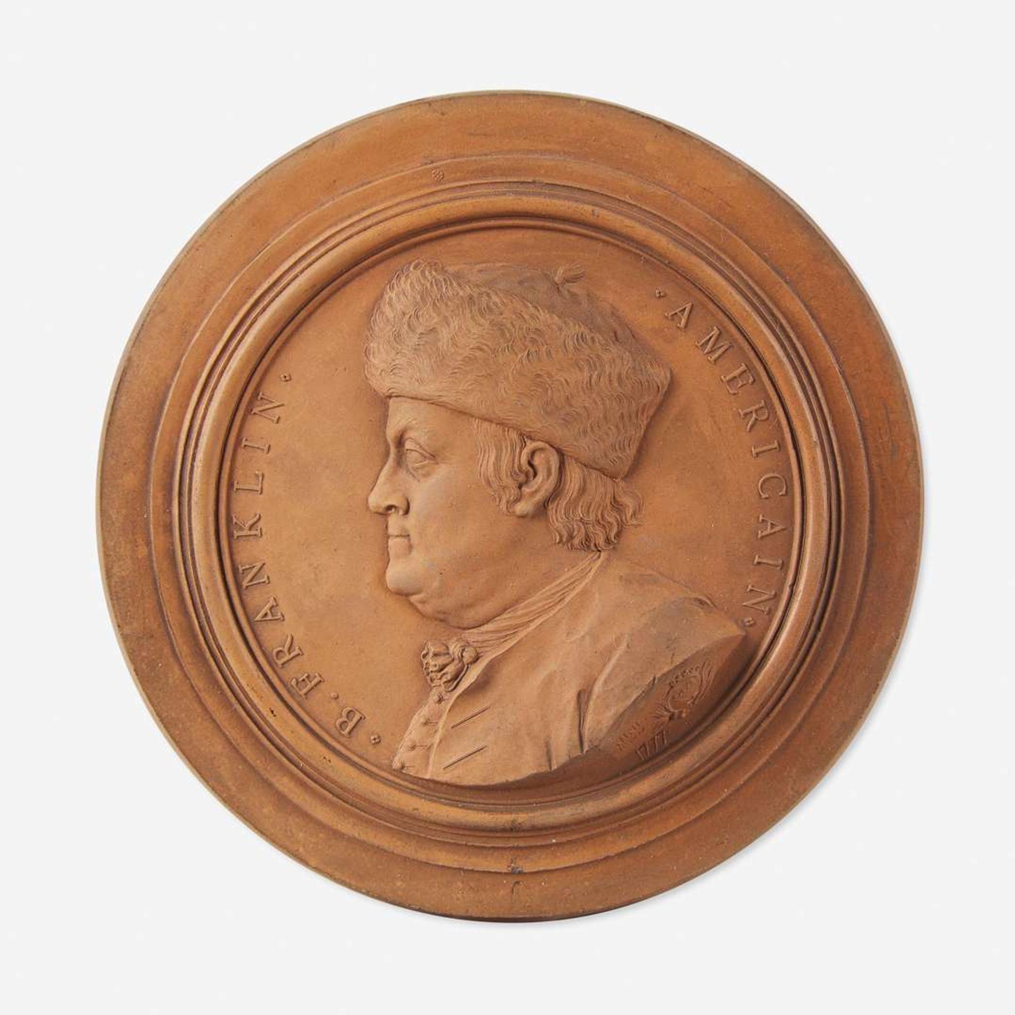 Jean-Baptiste Nini (Italian, 1717-1786) A Terracotta Portrait Medallion of Benjamin Franklin (1706-1790), France, dated "1777"
