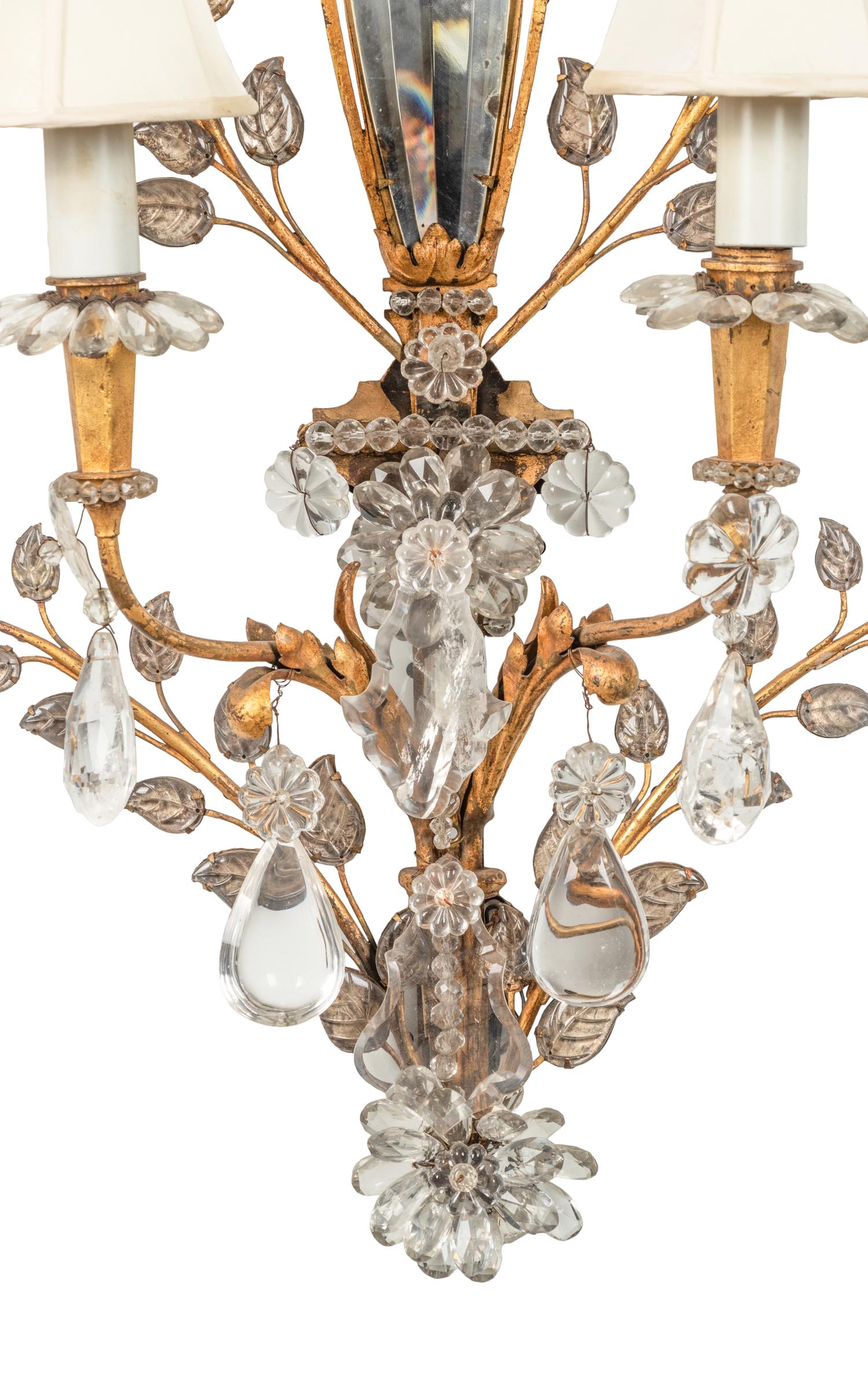 A Pair of Rock Crystal, Mirror and Gilt Metal Two-Light Sconces