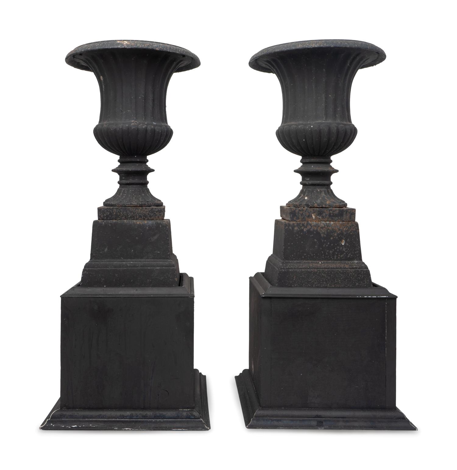 A Pair of Neoclassical Style Black-Painted Cast-Iron Urns