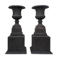 A Pair of Neoclassical Style Black-Painted Cast-Iron Urns