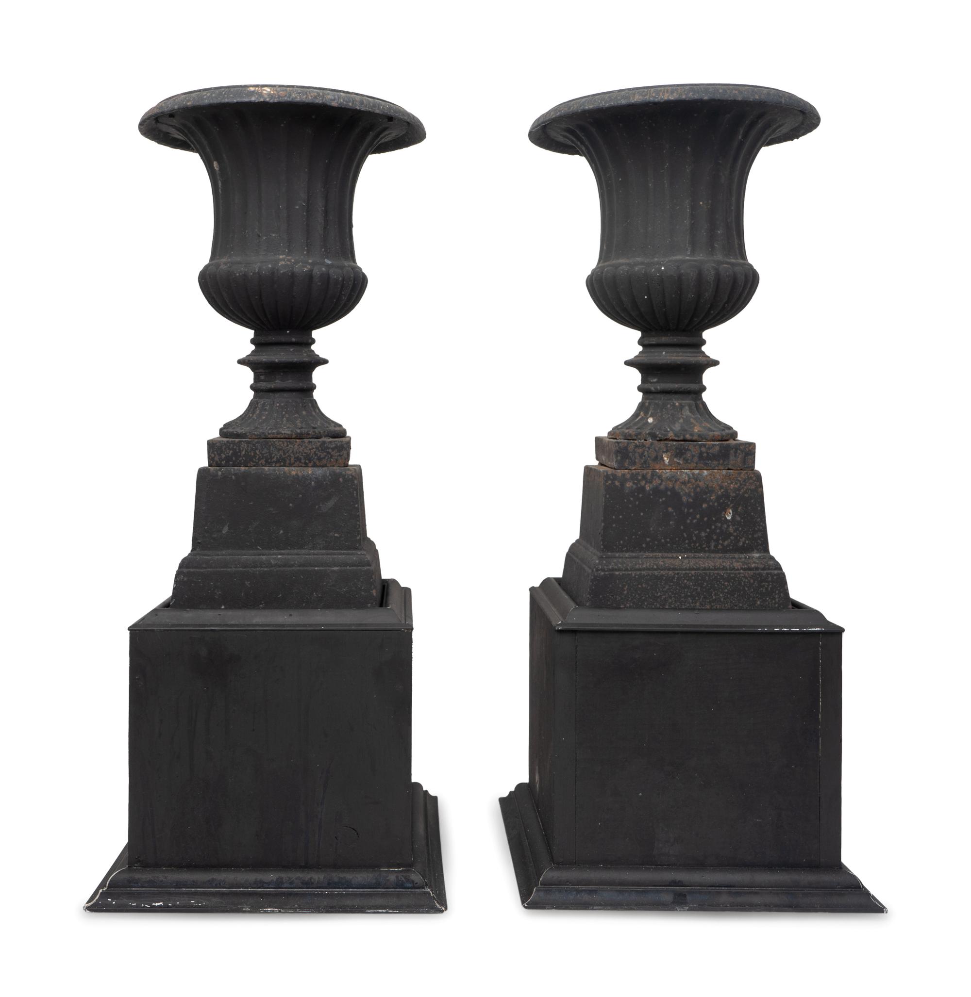A Pair of Neoclassical Style Black-Painted Cast-Iron Urns