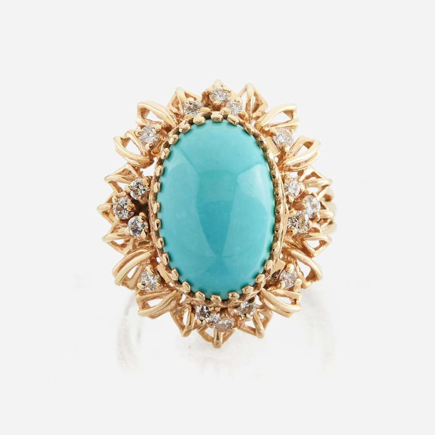 A turquoise, diamond, and gold ring