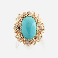 A turquoise, diamond, and gold ring
