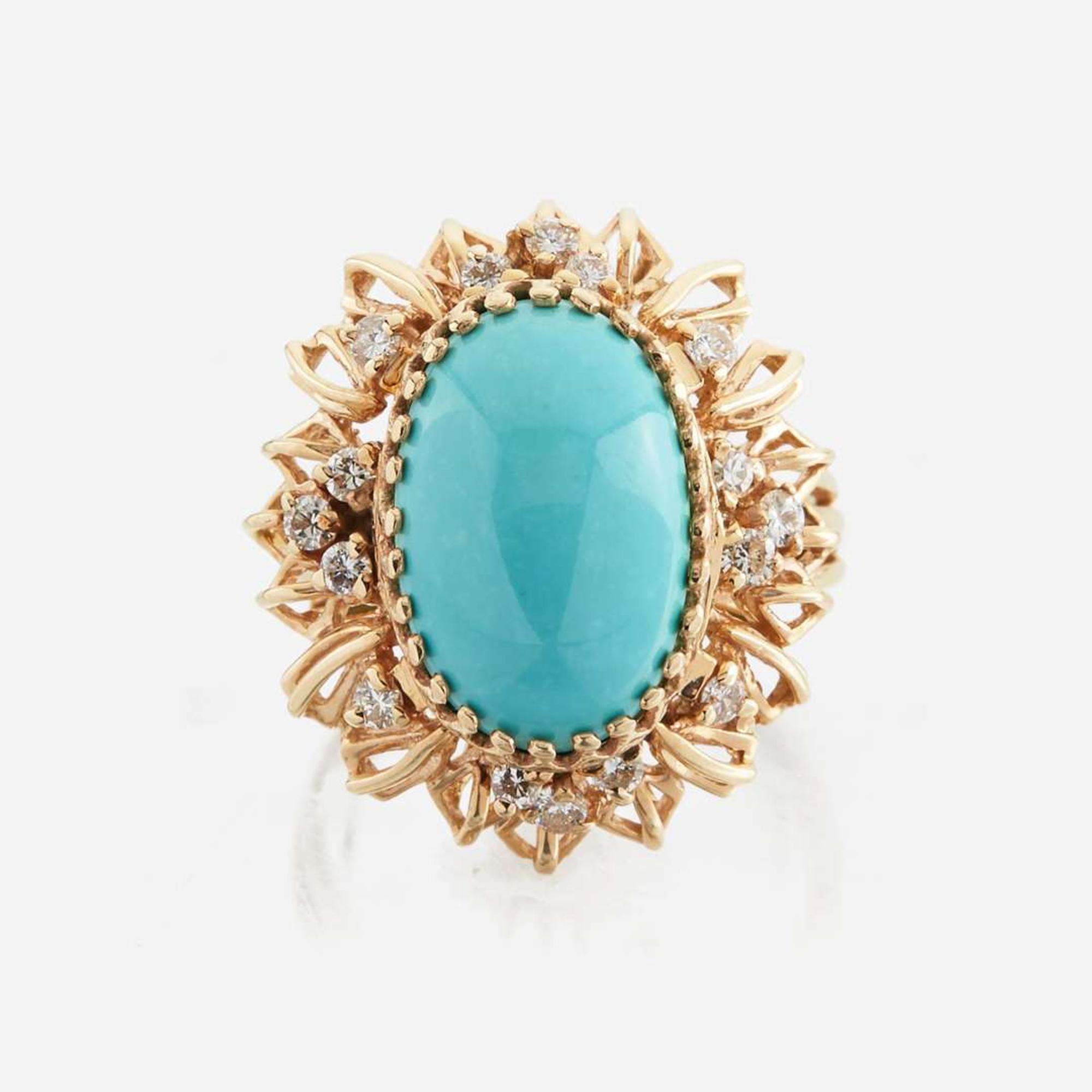 A turquoise, diamond, and gold ring