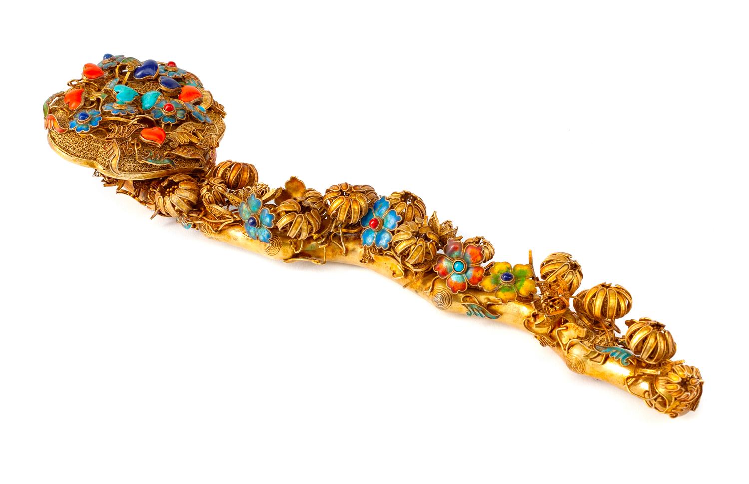A Chinese Jeweled and Enameled Silver-Gilt Filigree Scepter