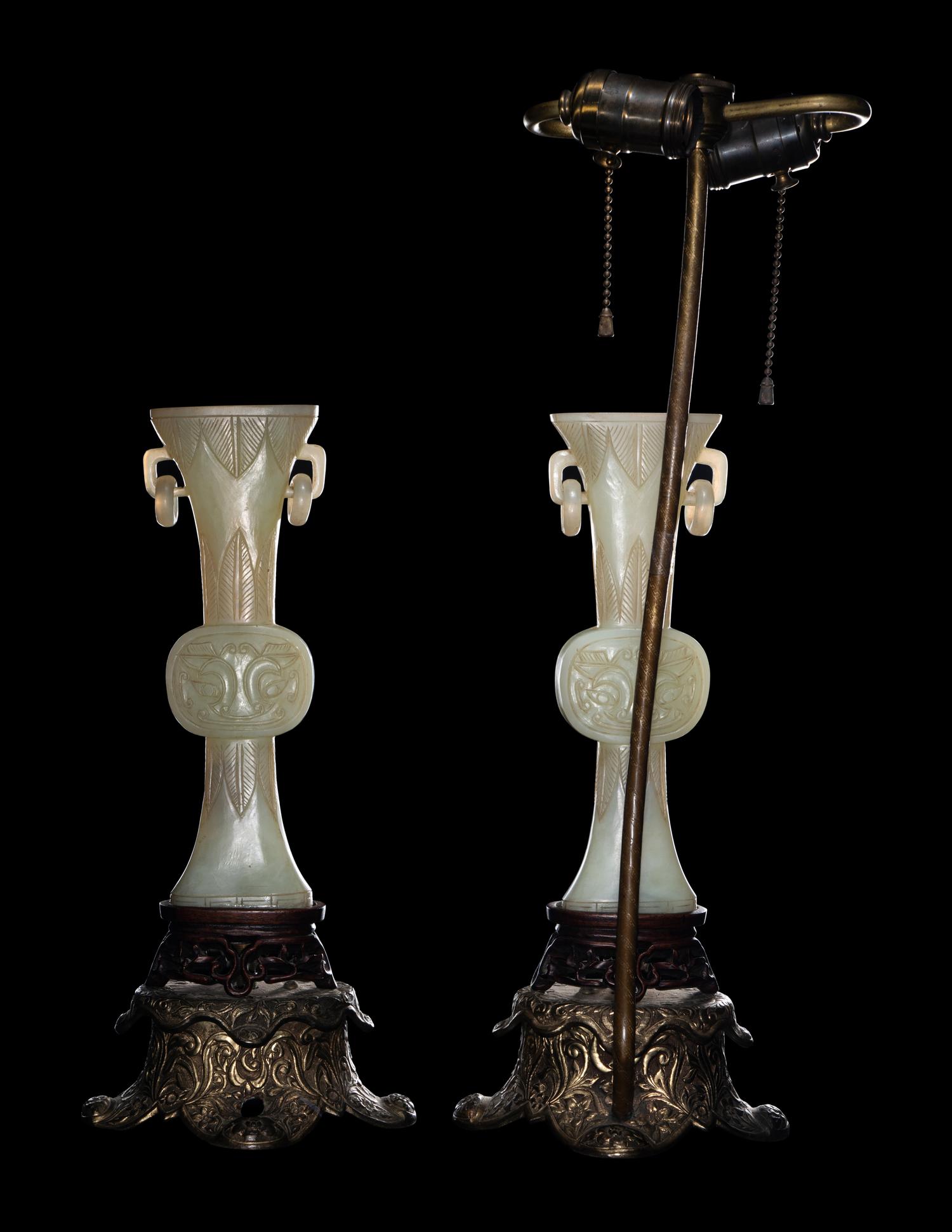 A Pair of Chinese Carved White Jade Gu Vases