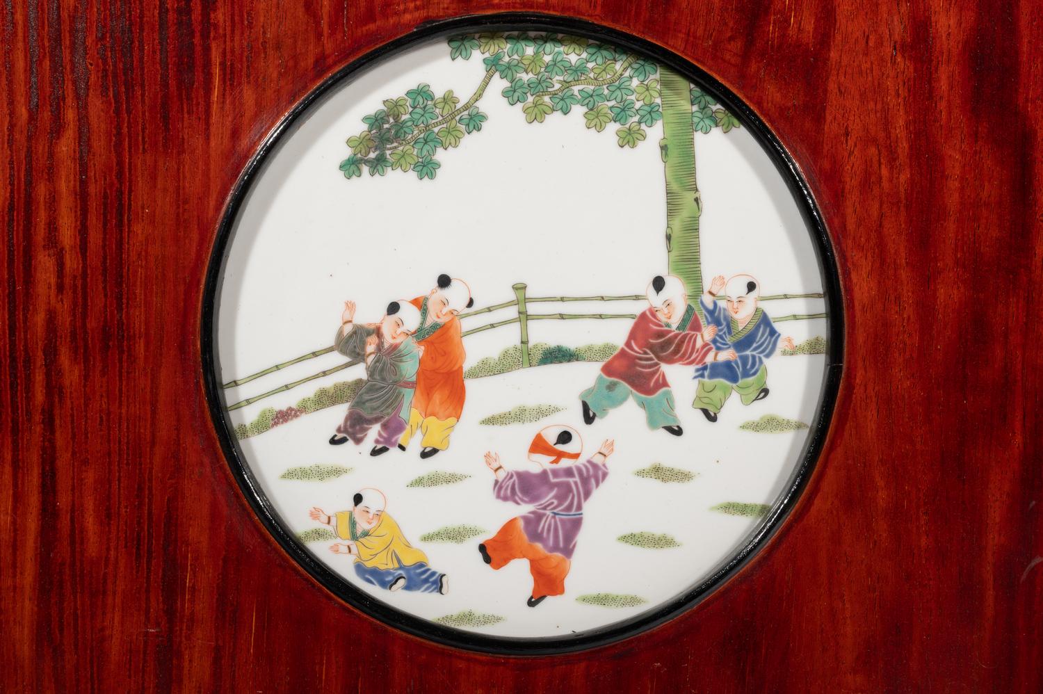 A Set of Four Chinese Famille Rose Porcelain Inset Hardwood Hanging Screens