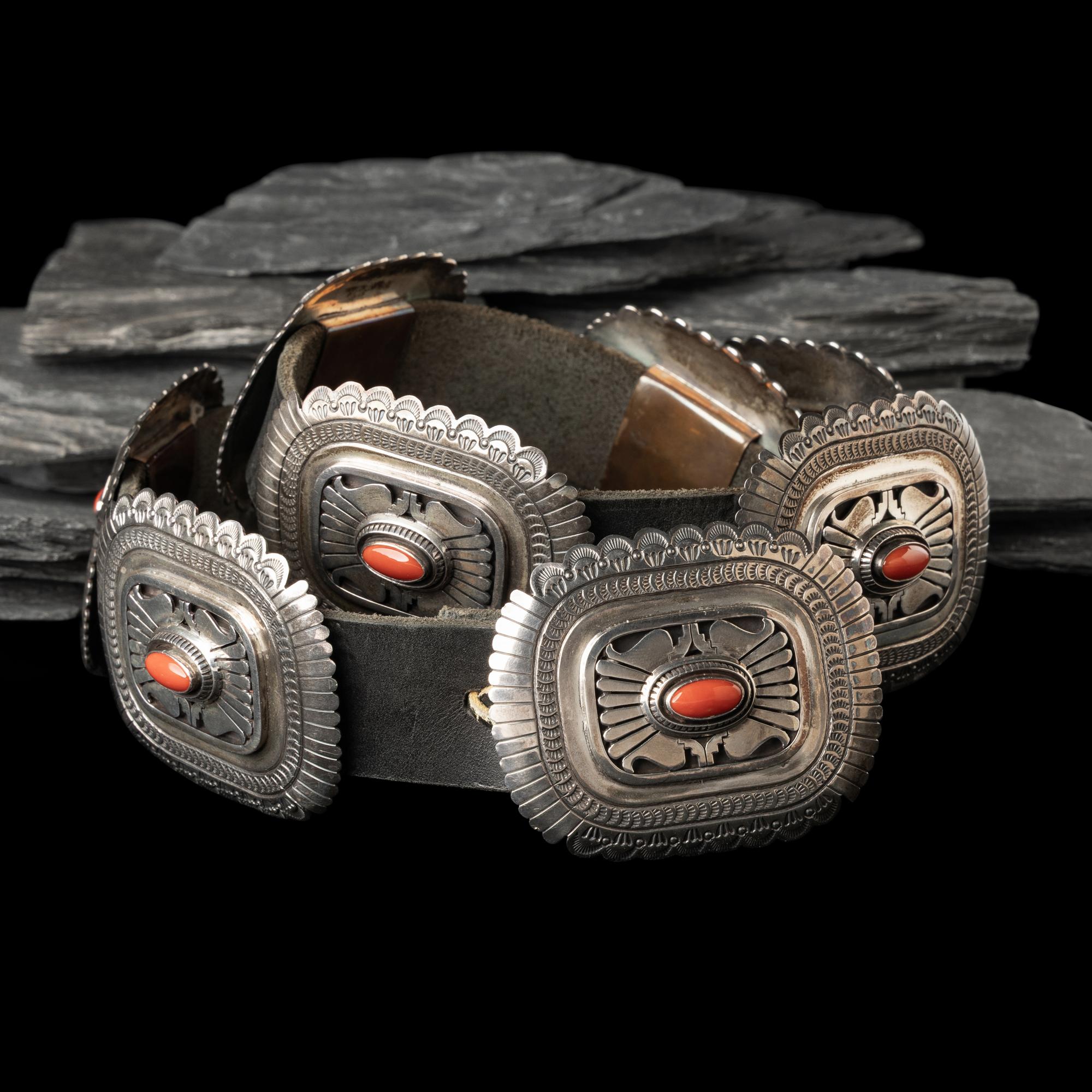 Leonard Nez (Diné, act. since 1980s) — Sterling Silver and Coral Concha Belt