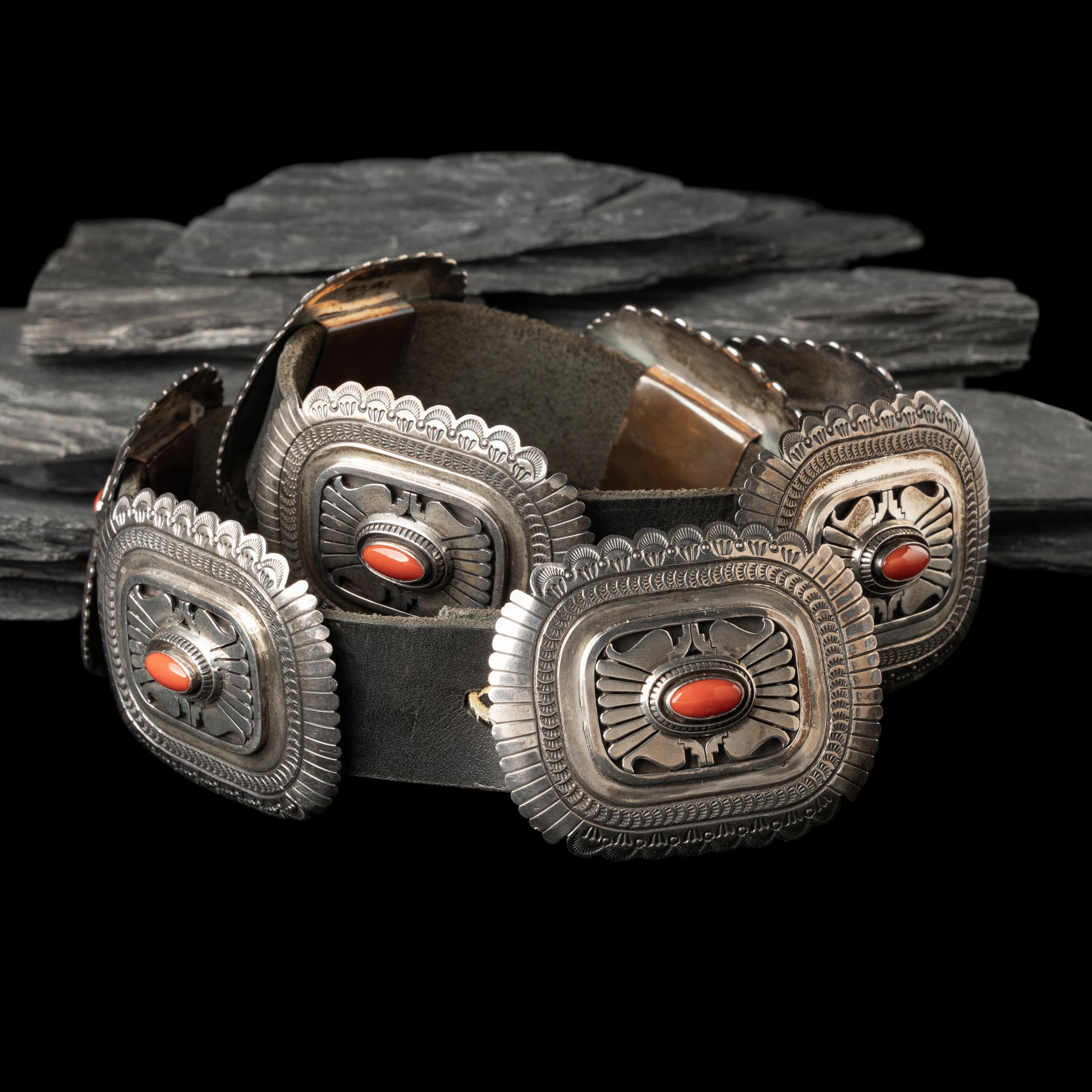 Leonard Nez (Diné, act. since 1980s) — Sterling Silver and Coral Concha Belt