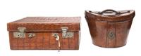 An English Crocodile Skin Traveling Case, Drew & Co, Width of case 18 1/4 inches.