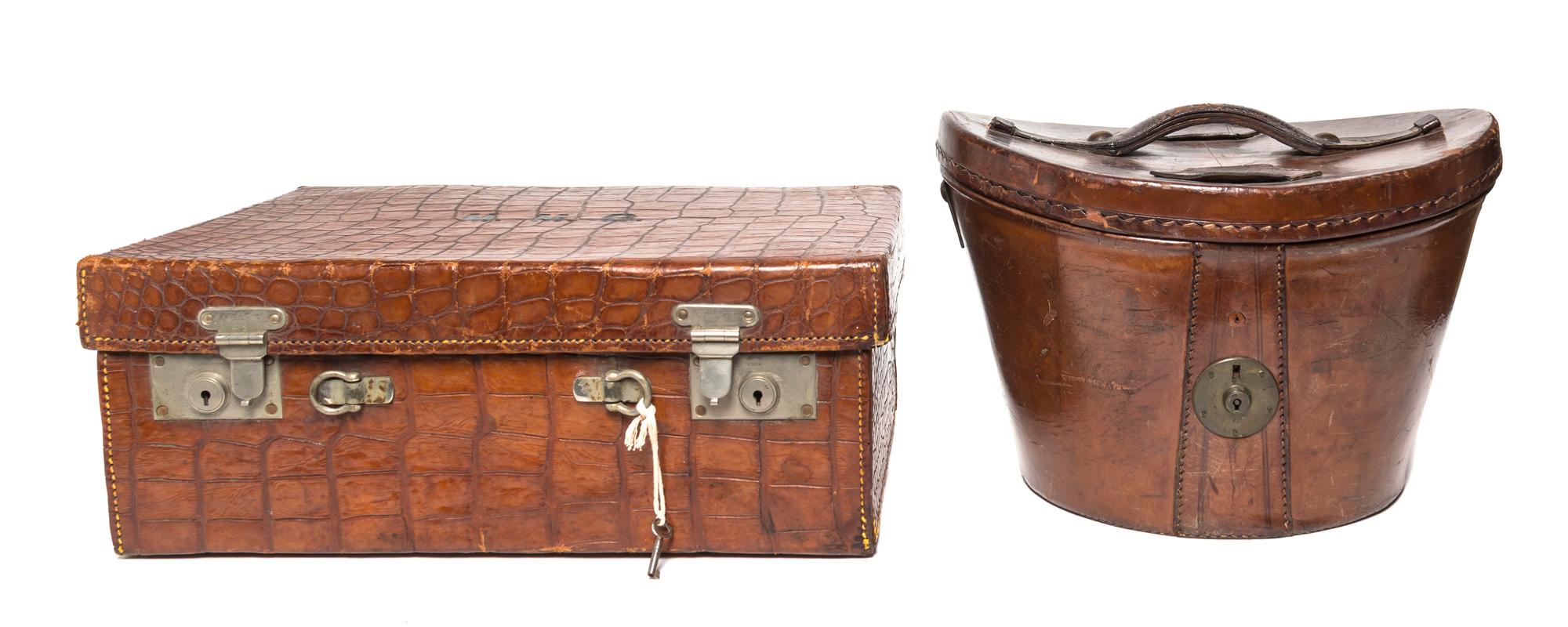 An English Crocodile Skin Traveling Case, Drew & Co, Width of case 18 1/4 inches.