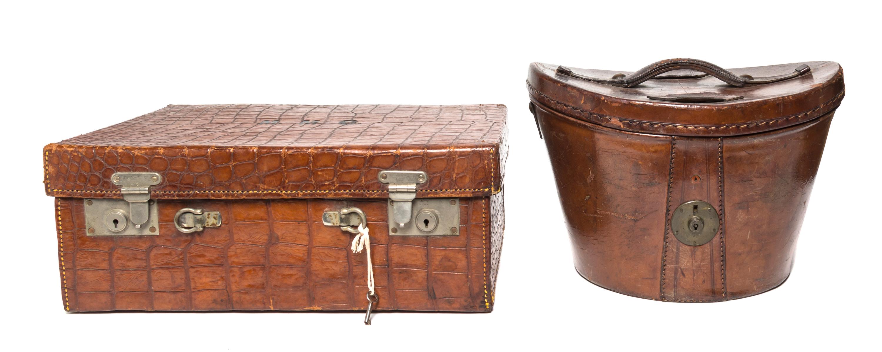 An English Crocodile Skin Traveling Case, Drew & Co, Width of case 18 1/4 inches.
