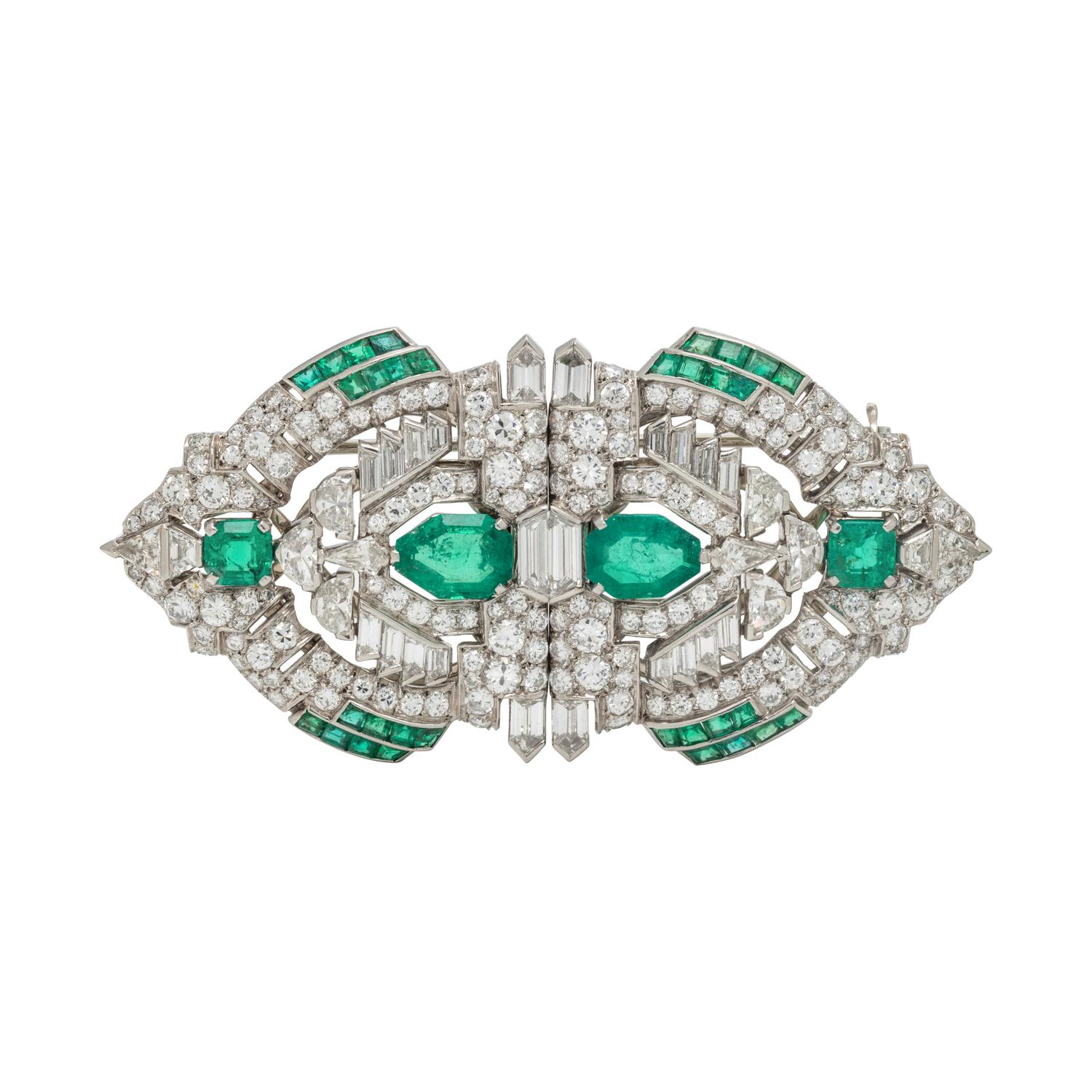 ART DECO, EMERALD AND DIAMOND DOUBLE CLIP BROOCH