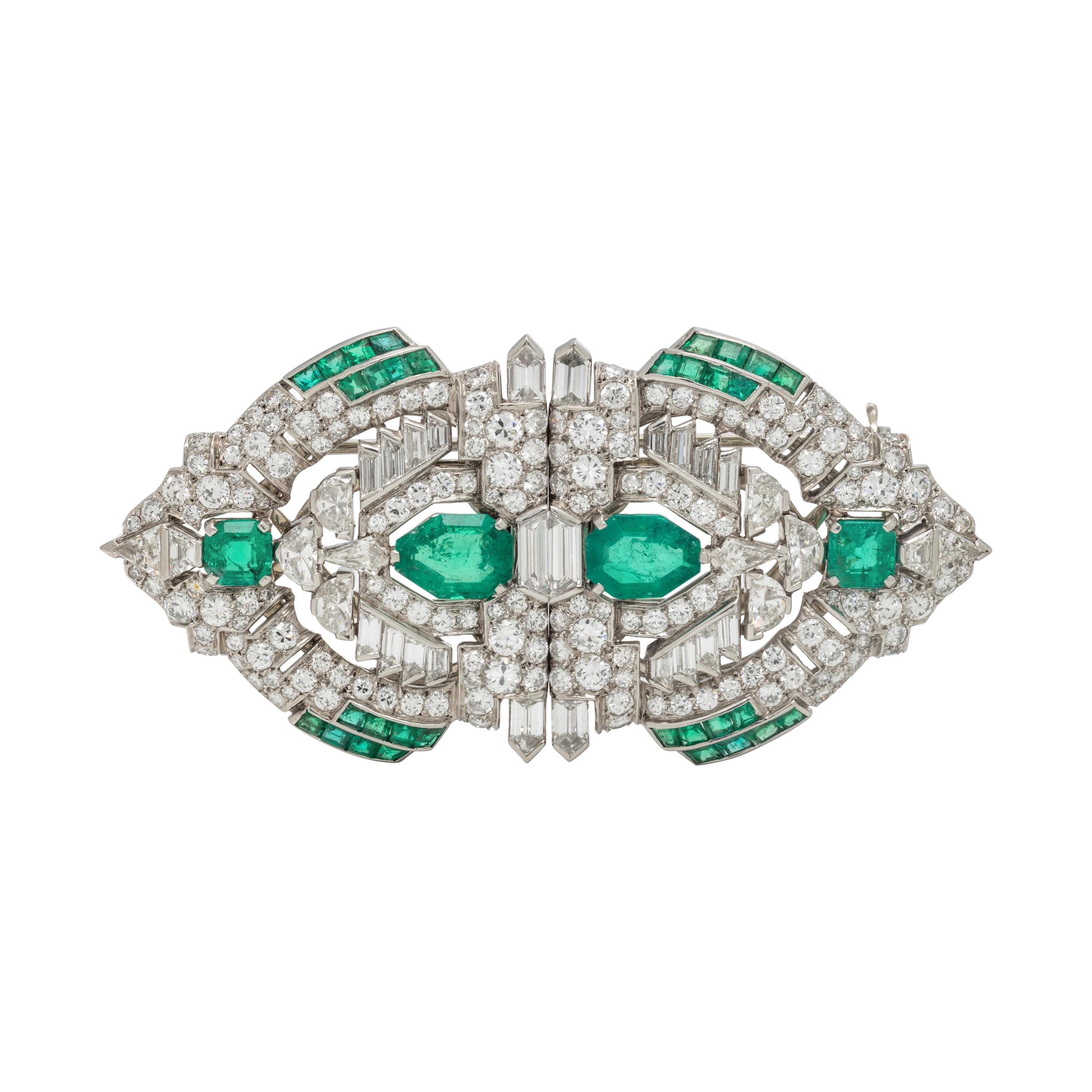 ART DECO, EMERALD AND DIAMOND DOUBLE CLIP BROOCH