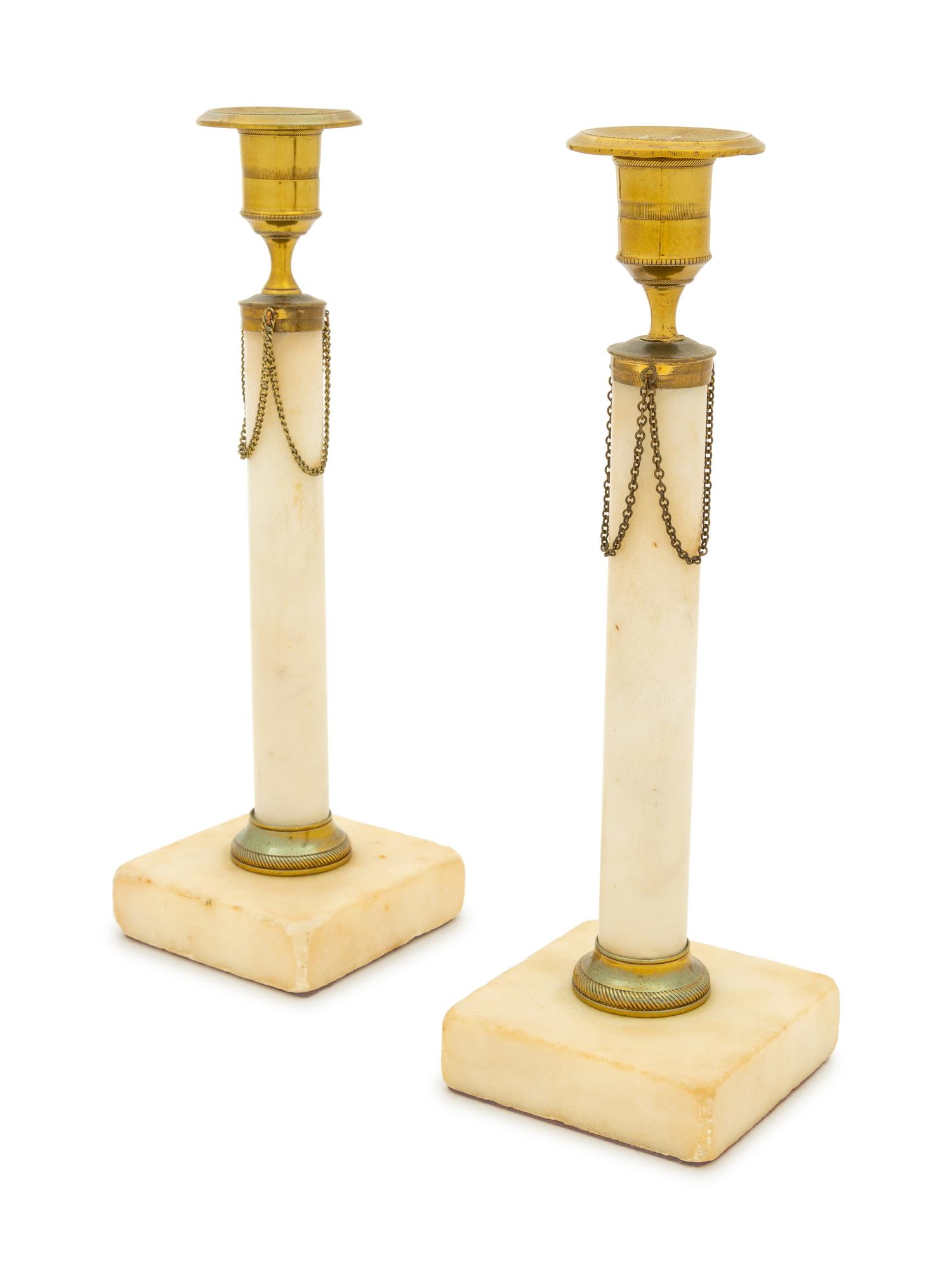 A Pair of Gilt Metal Mounted Marble Candlesticks