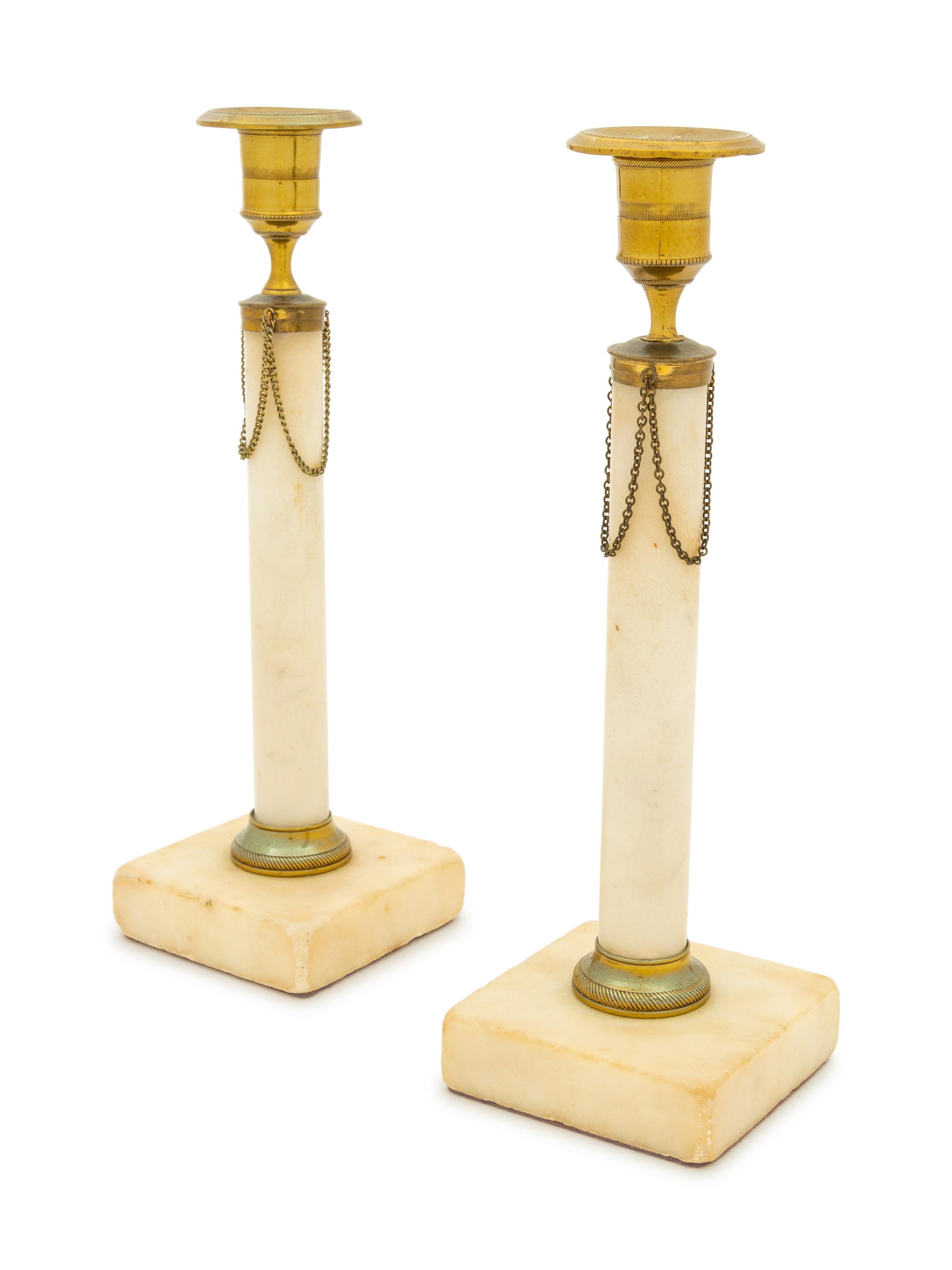 A Pair of Gilt Metal Mounted Marble Candlesticks