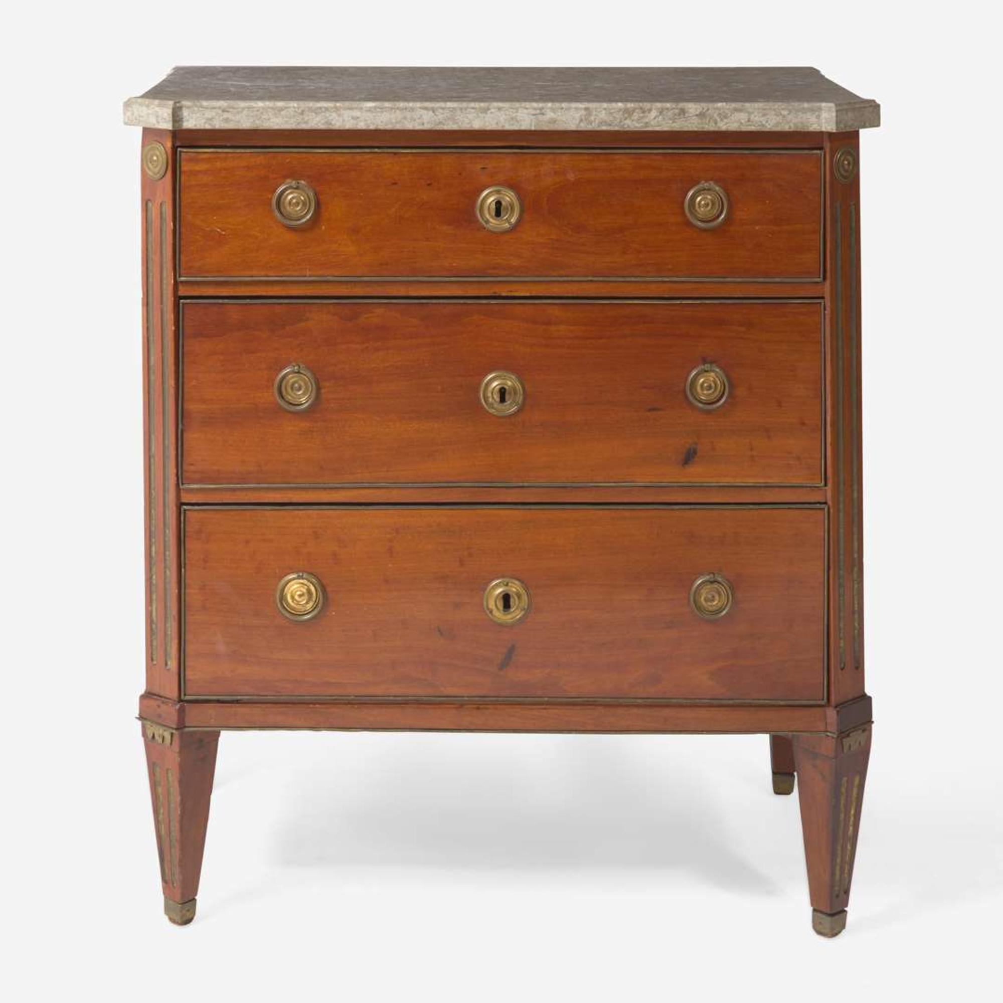 A French Directoire brass inlaid walnut commode with Derbyshire fossil top circa 1800