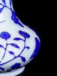 A Pair of Chinese Blue Overlay Opaque White Glass Bottle Vases