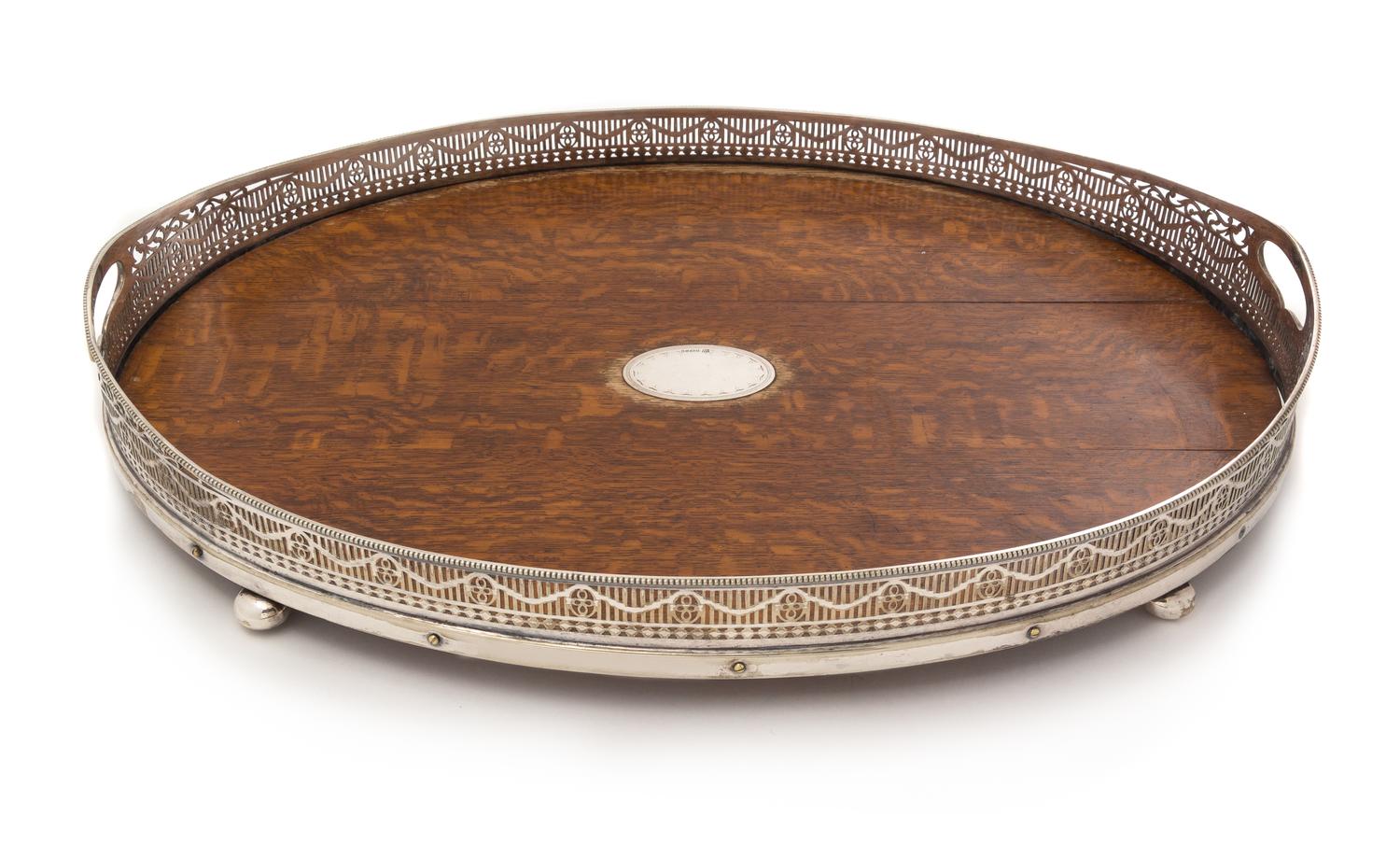 A Victorian Oak, Silver-Plate and Silver Serving Tray, Fenton Brothers, Sheffield, 1883, of handled oval form, together with four glass