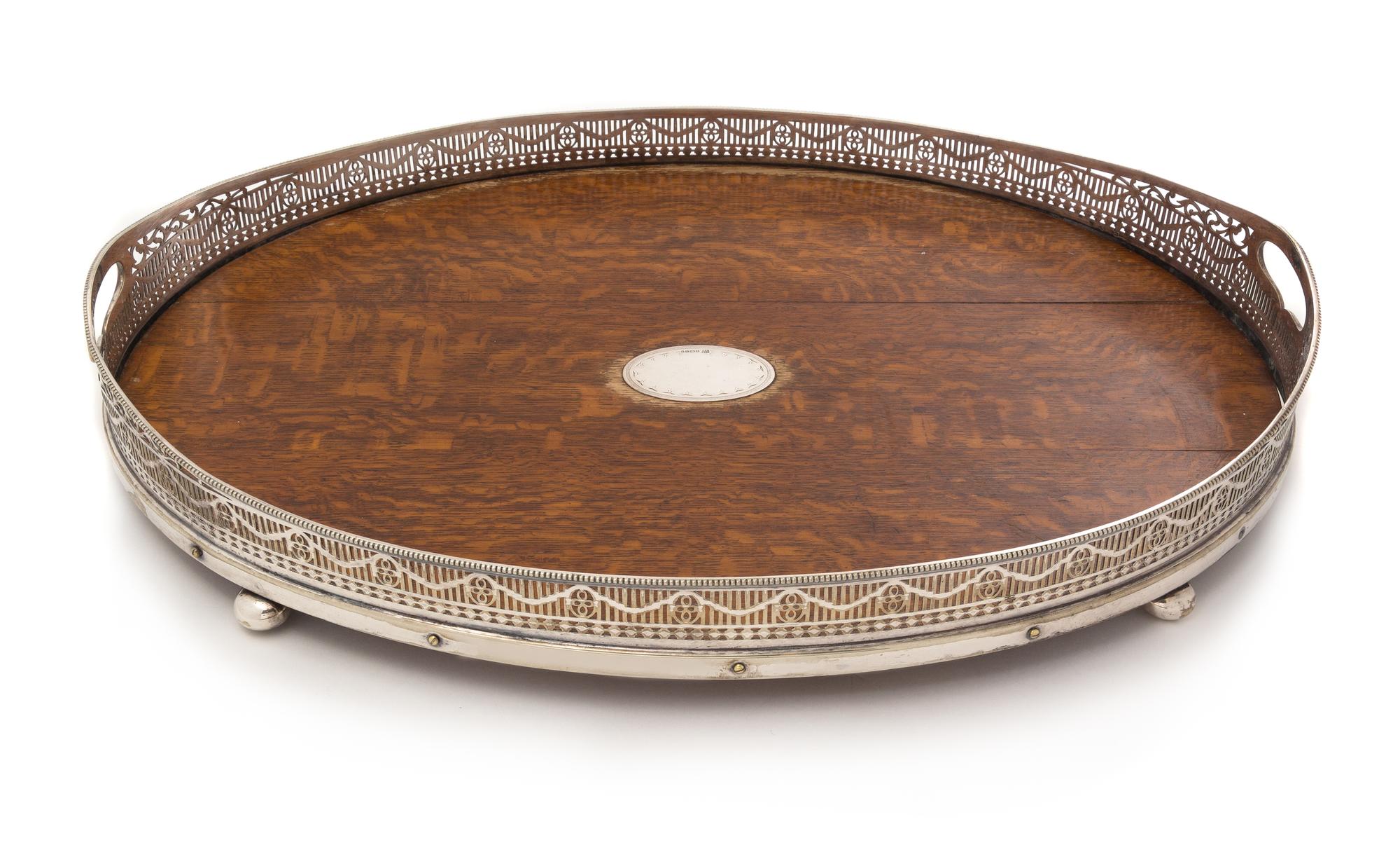A Victorian Oak, Silver-Plate and Silver Serving Tray, Fenton Brothers, Sheffield, 1883, of handled oval form, together with four glass